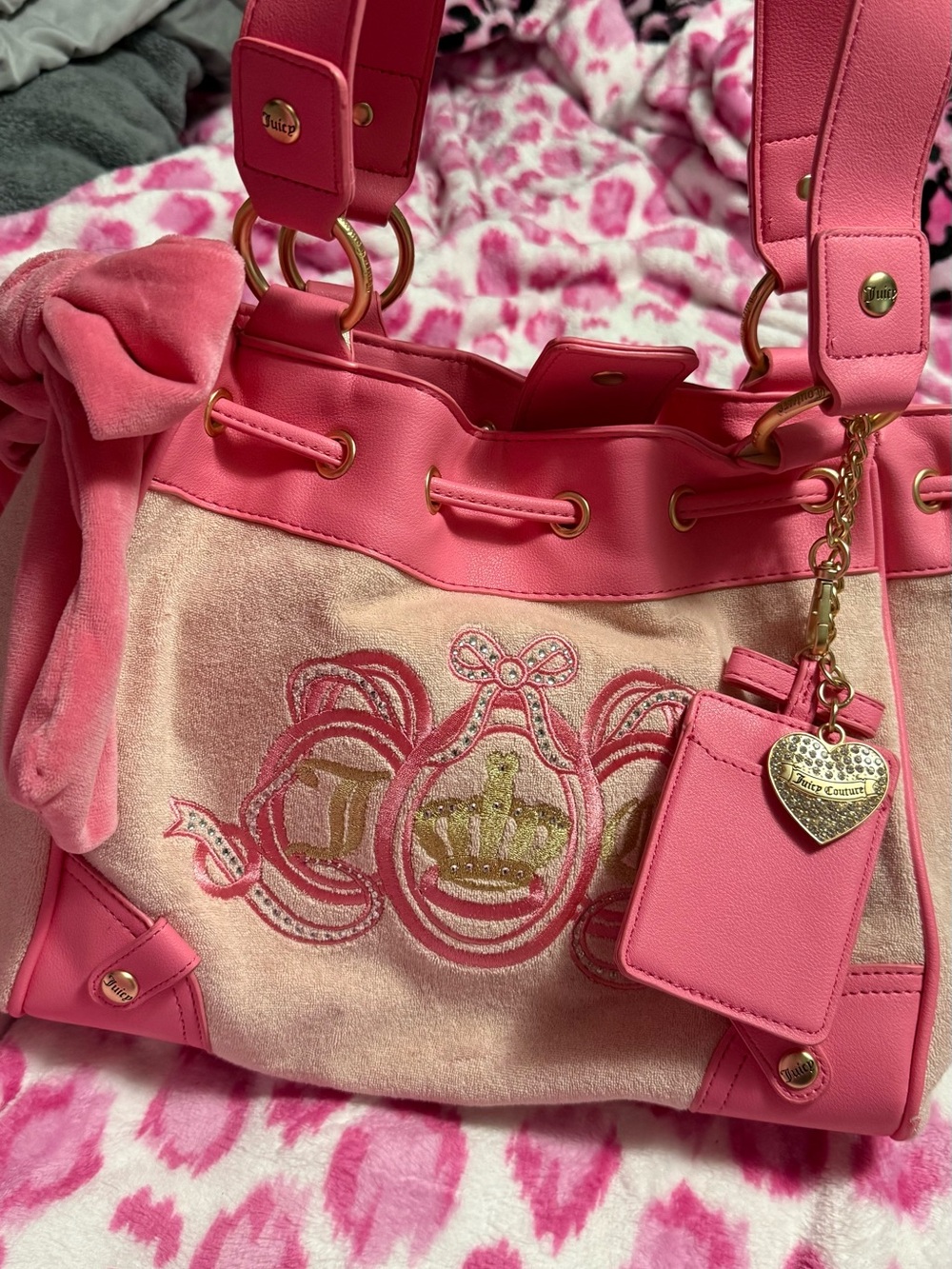 Juicy Couture Pink Velvet & Leather Shoulder Bag with Gold Charm